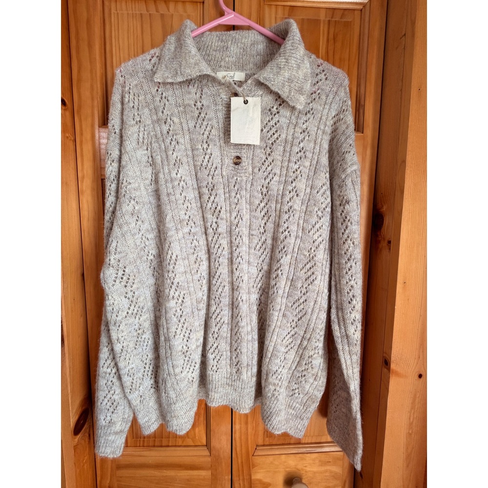 NWT Easel Los Angeles Pointelle Knit Polo Sweater Oatmeal Beige Wool Blend Large